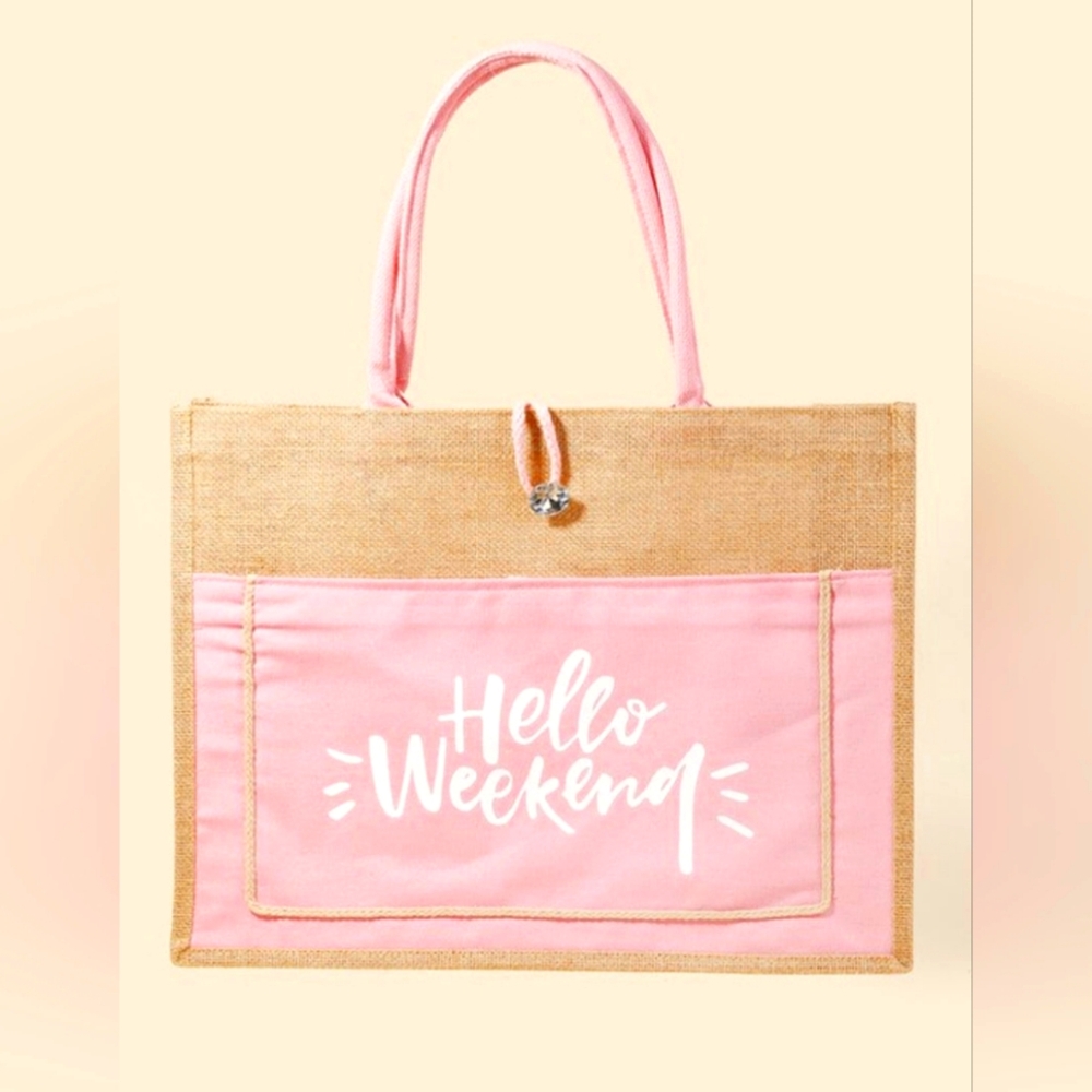 Women's Hello Weekend Light Pink & White Burlap Tote Bag